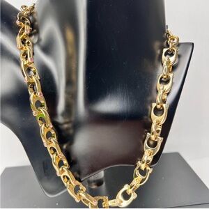 Coach Chunky C Gold tone chain link necklace Pink clear rhinestone details 20”